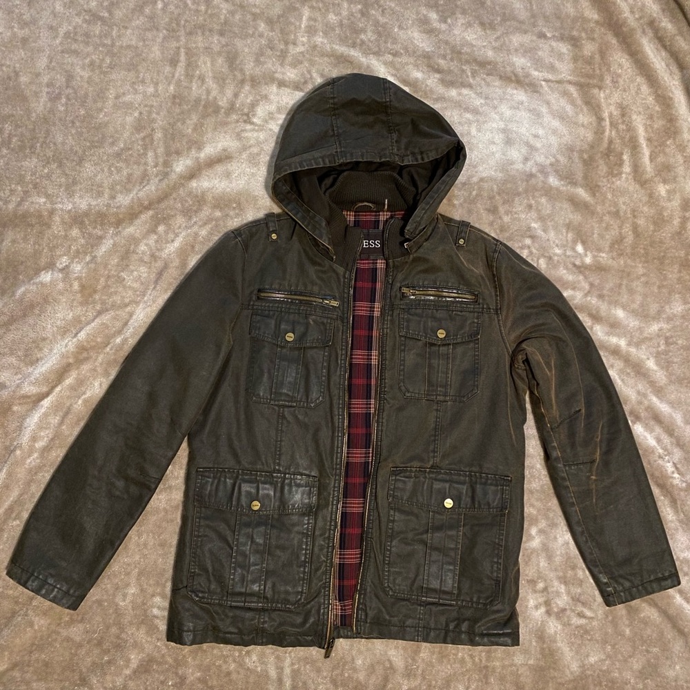 Guess Distressed Leather Flannel Lined Jacket Size Medium